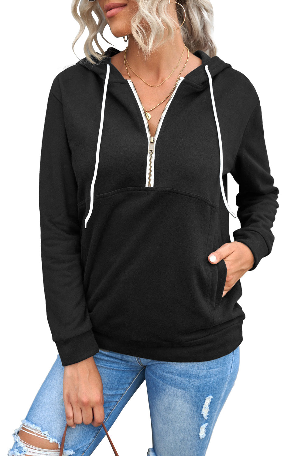 Sweat à capuche à manches longues et demi-fermeture éclair avec poche 