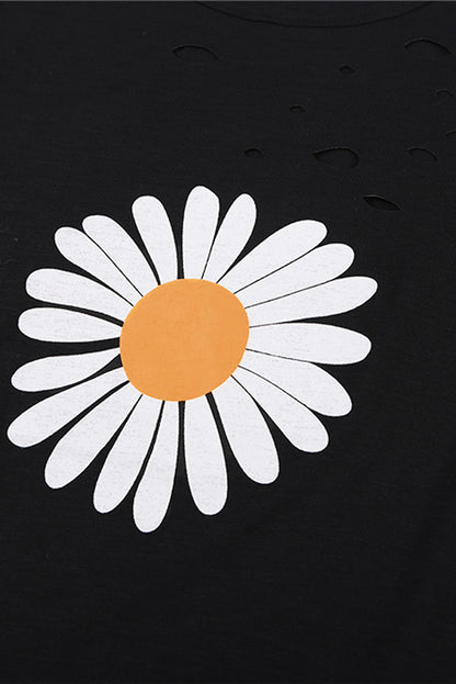 Distressed Crew Neck Leaves Pattern T-shirt