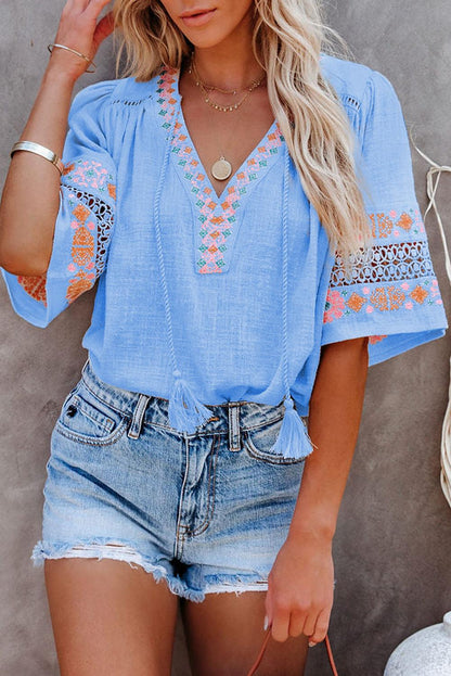 Beige Tassel Drawstring Embroidered Half Sleeve V Neck Top - HannaBanna Clothing