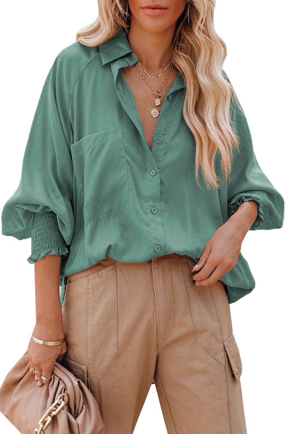 Billowy Sleeves Pocketed Shirt - HannaBanna Clothing