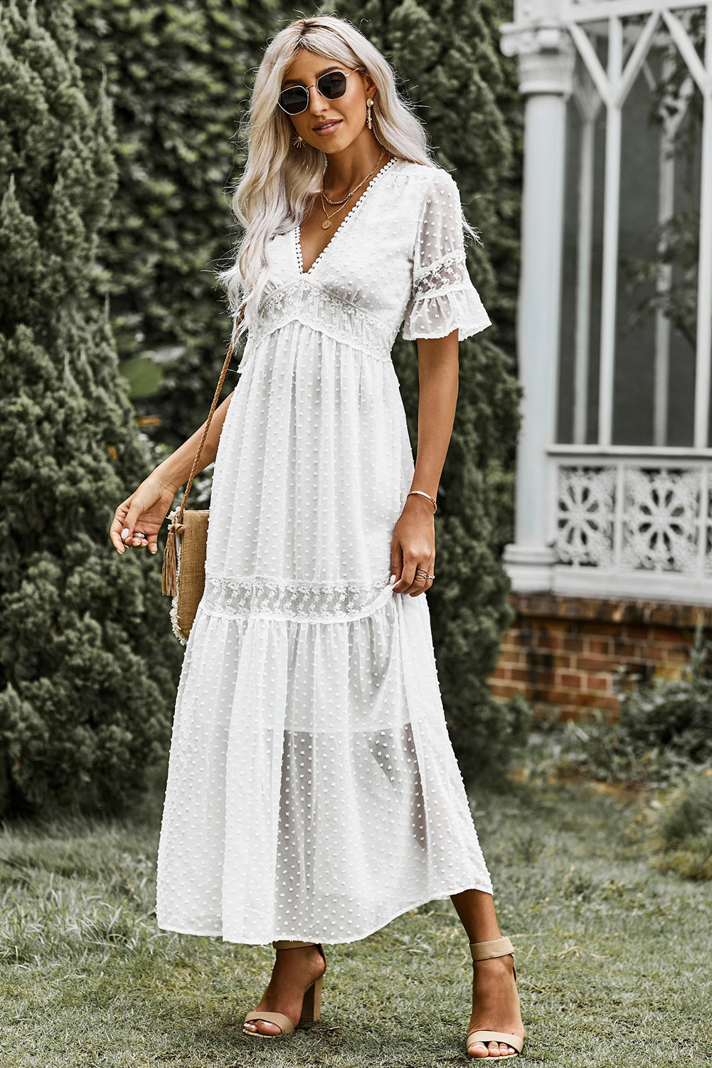 Swiss Dot Lace Trim Maxi Dress