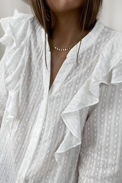 Camisa con mangas de burbujas y volantes transparentes con textura punteada