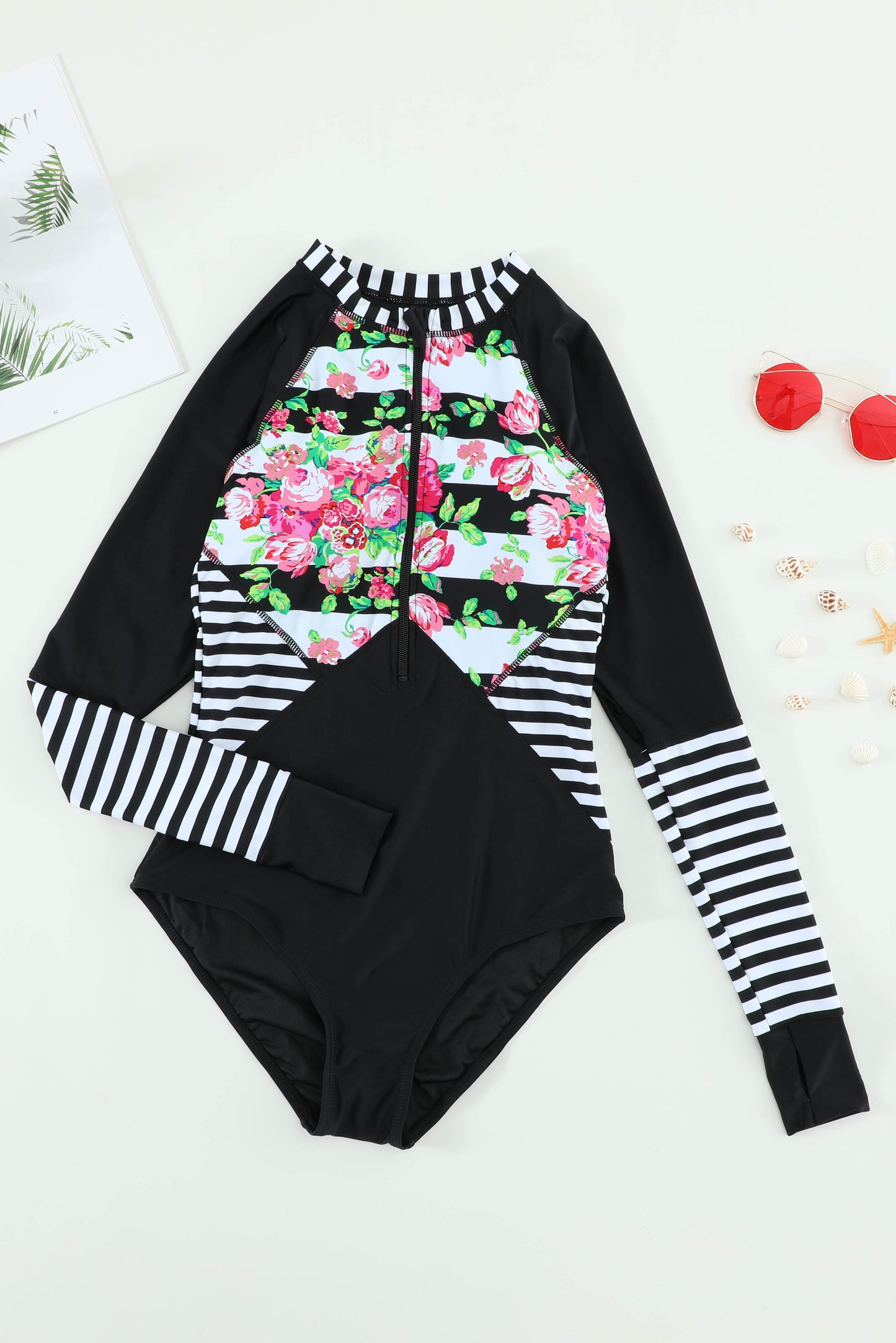 Traje de baño de una pieza Rashguard con patchwork a rayas florales