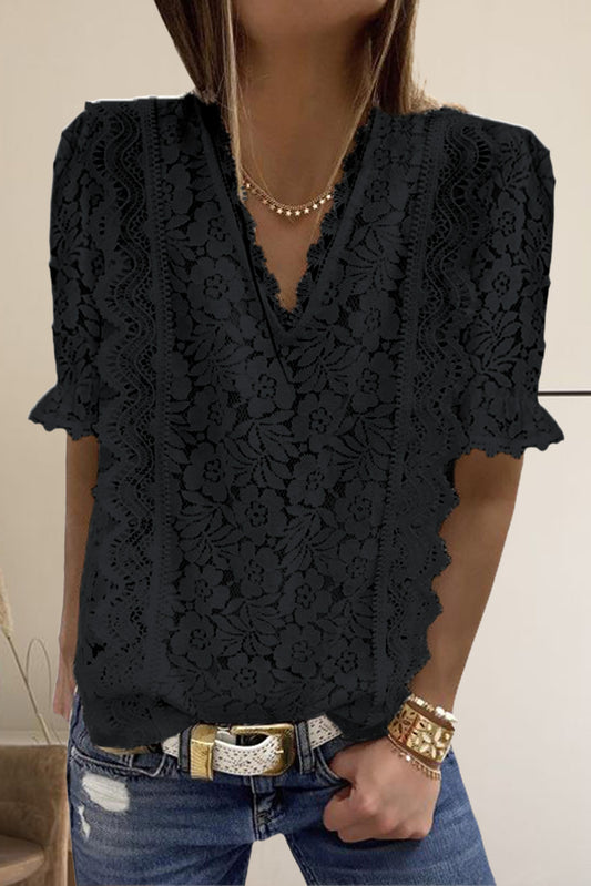 V Neck Lace Short Sleeve Top