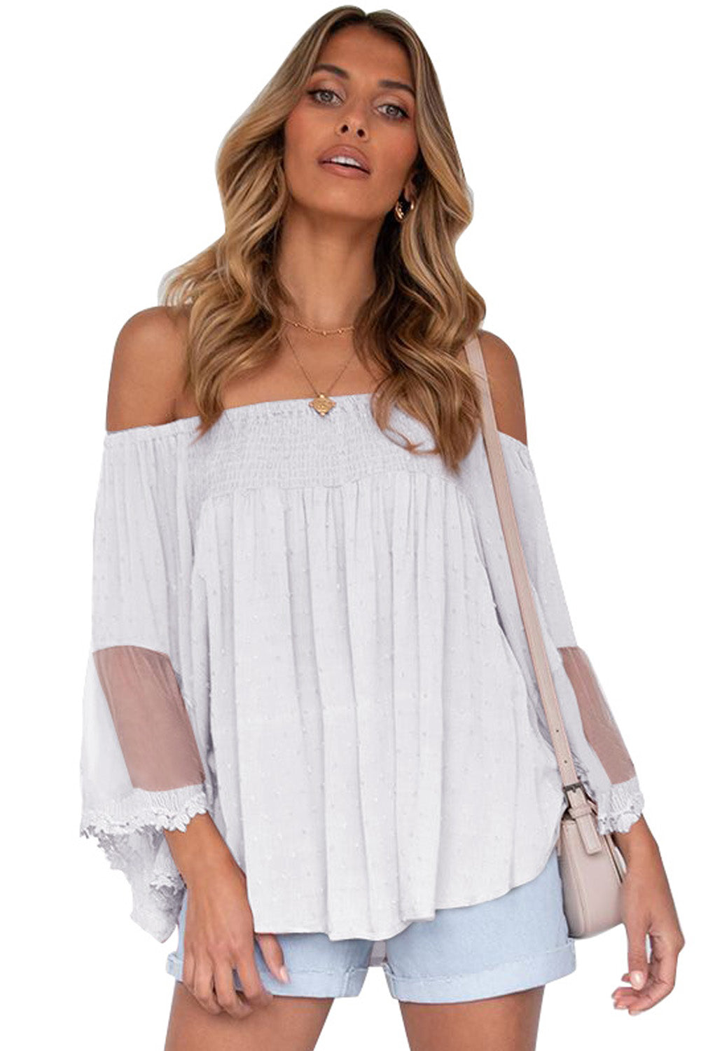 Blusa con volantes de patchwork transparente con hombros descubiertos