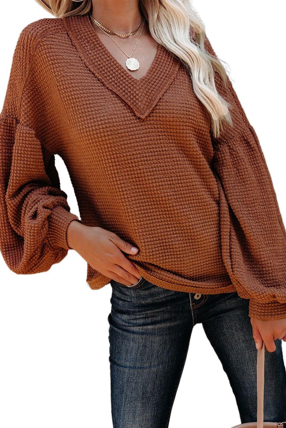 Billowed Sleeve Thermal Knit Top - HannaBanna Clothing