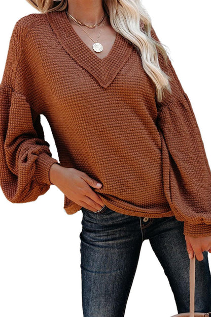Billowed Sleeve Thermal Knit Top - HannaBanna Clothing