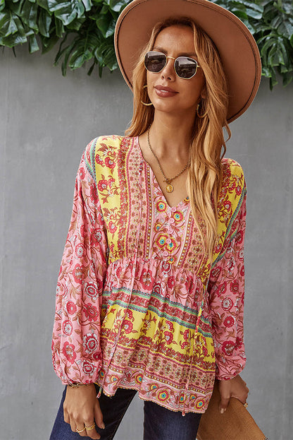 Floral Print Loose Drawstring V Neck Blouse