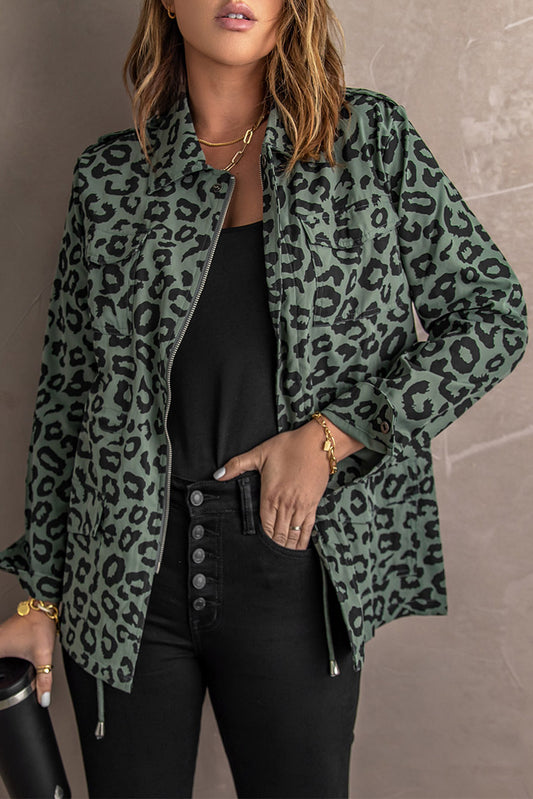 Lapel Collar Zipper Drawstring Leopard Coat