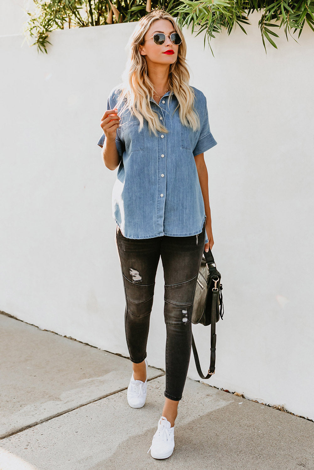 Chemise en jean à manches courtes et col rabattu 