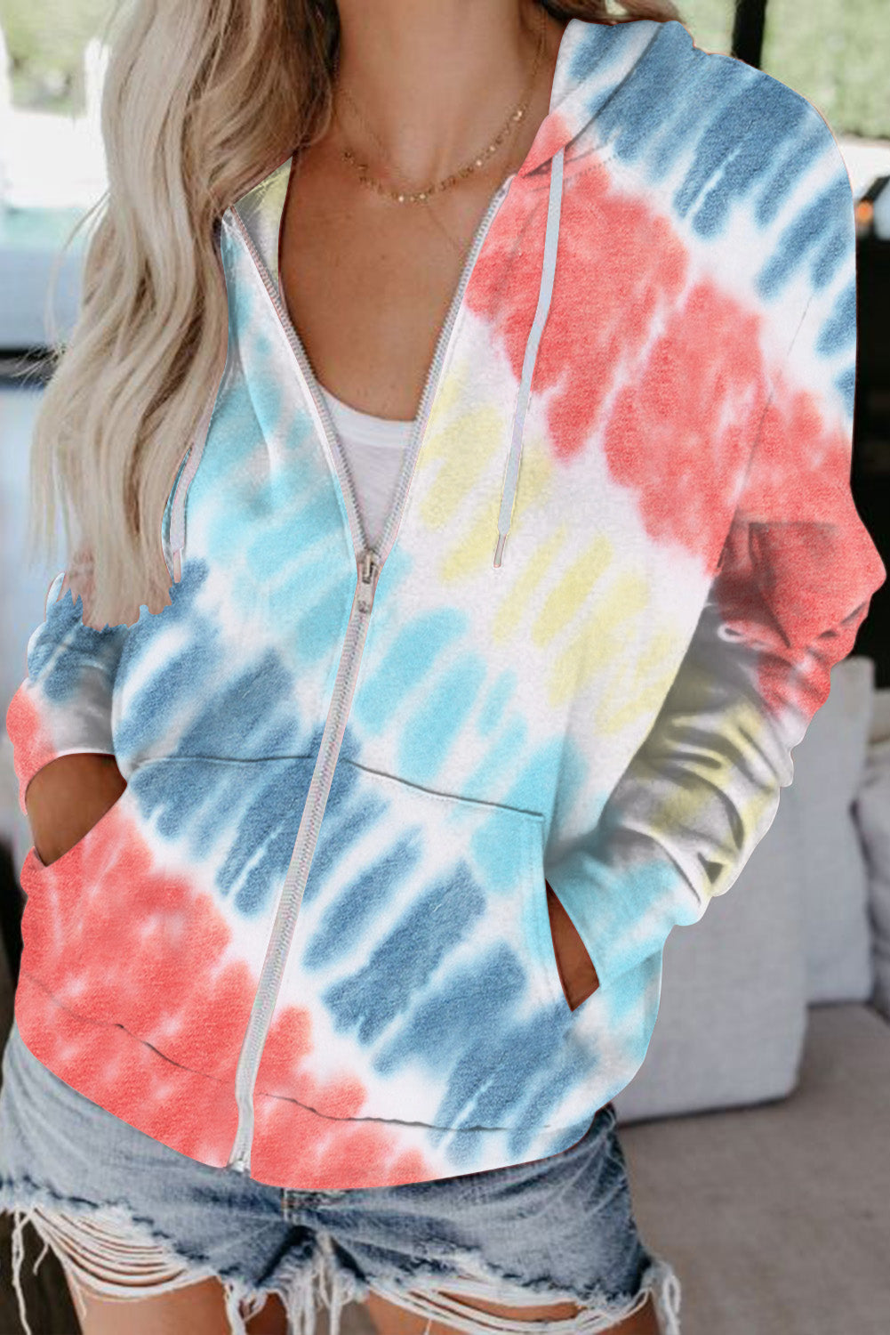 Multicolor Tie-Dyed Zipper Pocket Drawstring Hooded Jacket