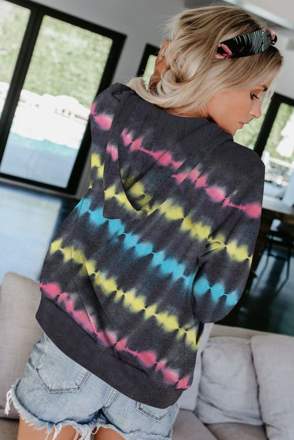 Multicolor Tie-Dyed Zipper Pocket Drawstring Hooded Jacket