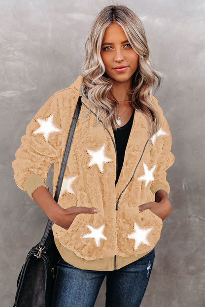 Manteau polaire à capuche et poches zippées à imprimé camouflage 