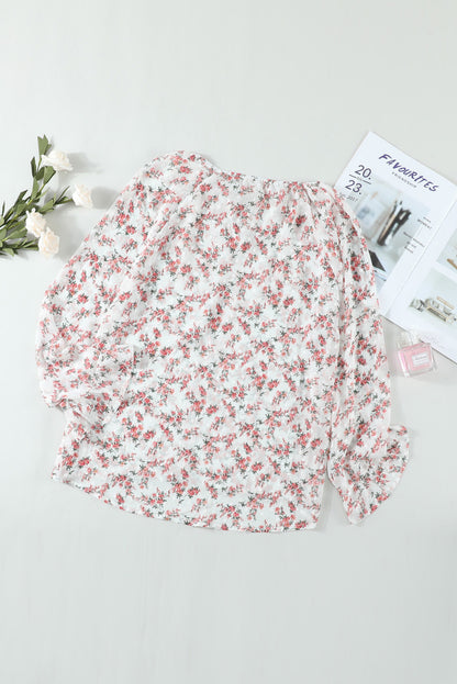 Floral Print Drawstring Long Bell Sleeve Blouse