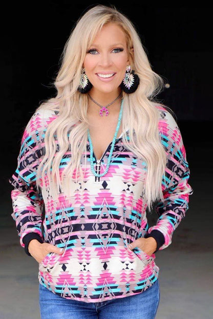 Sweat-shirt zippé à col rabattu et motif aztèque multicolore