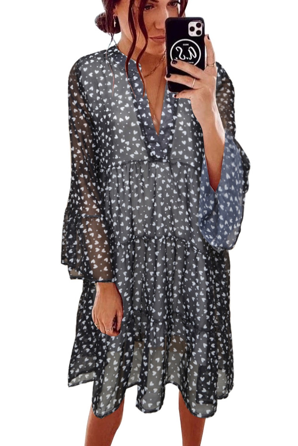 Print V neck Ruffle Swing Mini Dress