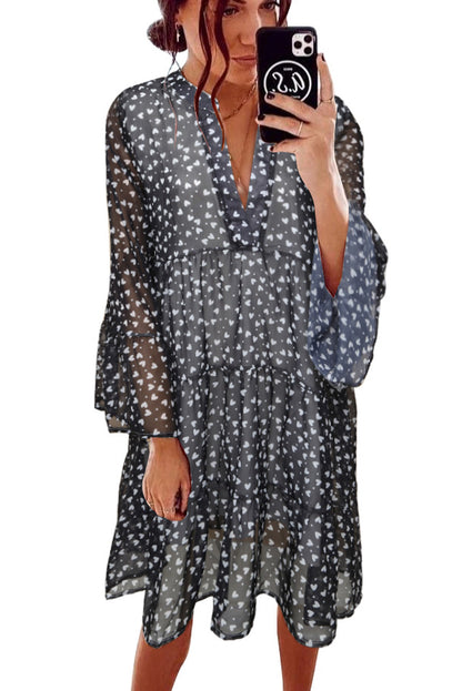 Print V neck Ruffle Swing Mini Dress