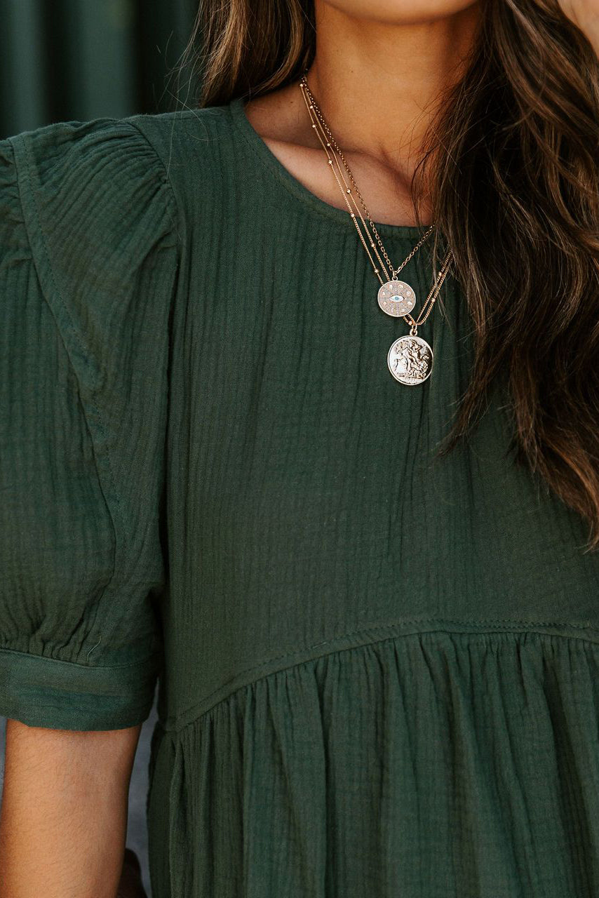 Pocketed Puff Sleeve Empire Waist Swing Short Dress