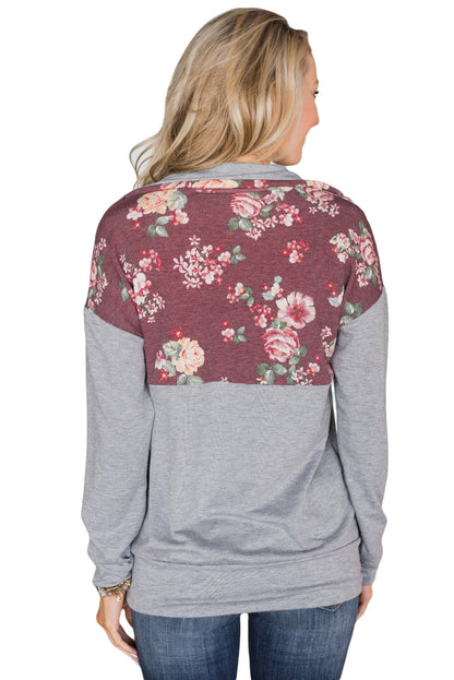 Sweat-shirt à col zippé et poche kangourou rose à imprimé floral