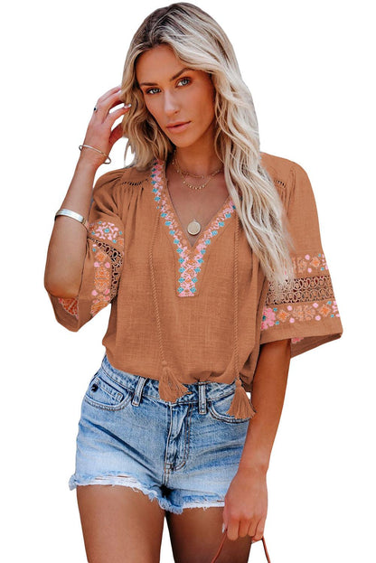 Beige Tassel Drawstring Embroidered Half Sleeve V Neck Top - HannaBanna Clothing