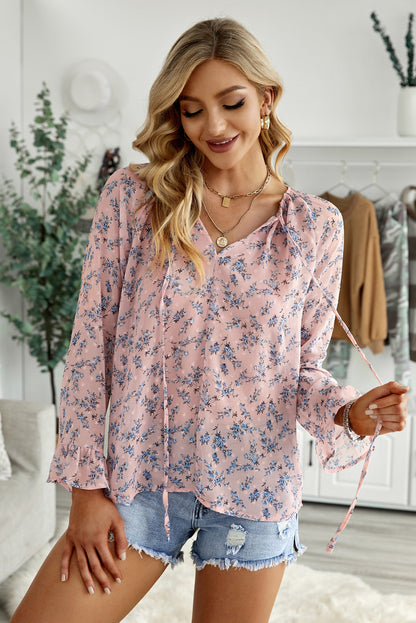 Floral Print Drawstring Long Bell Sleeve Blouse