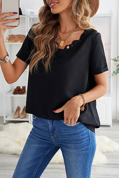 Wine Lace V Neck Short Sleeve T-shirt