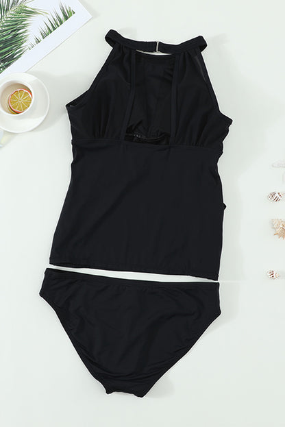 Traje de baño tankini fruncido de malla con cuello alto y escote pronunciado