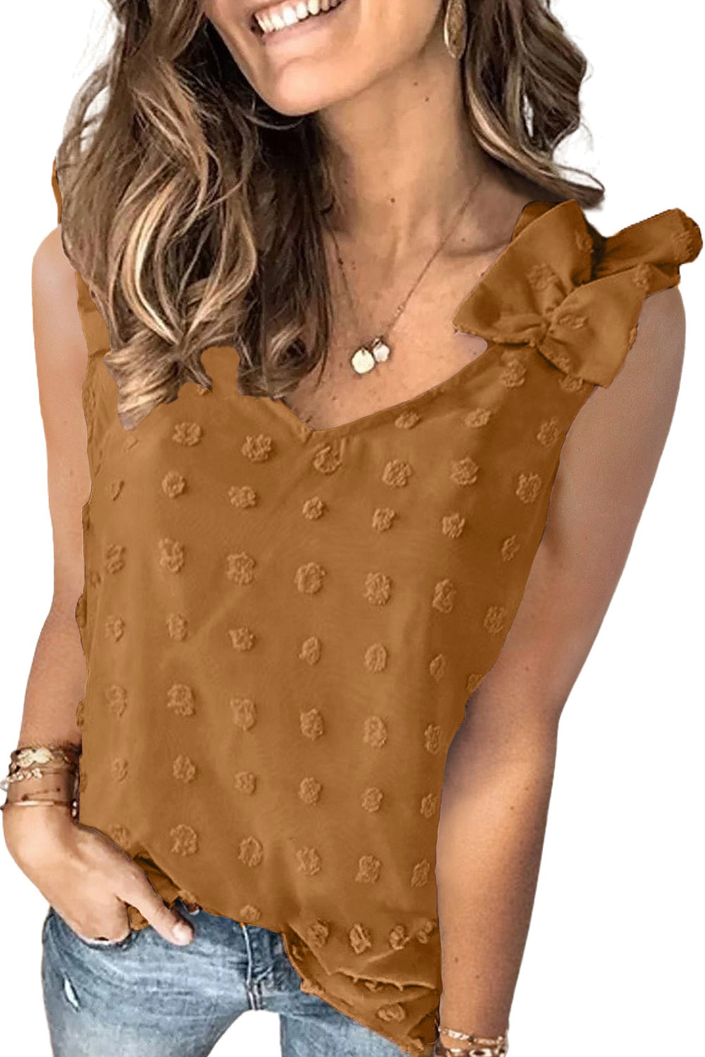 Top sin mangas de tejido Swiss Dot con tirantes con volantes 