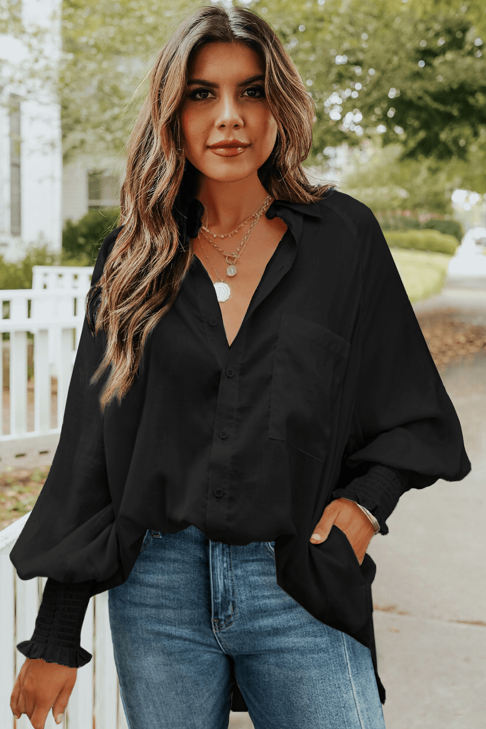 Billowy Sleeves Pocketed Shirt - HannaBanna Clothing