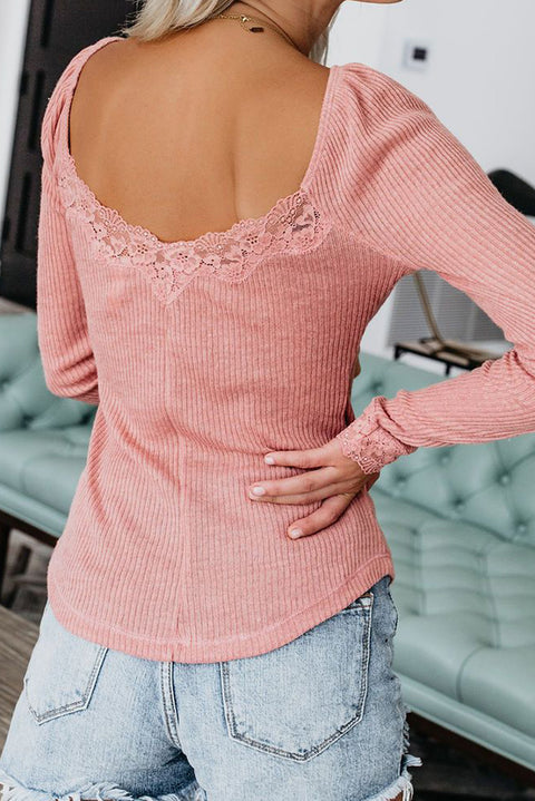 Lace Patchwork Ribbed Long Sleeve Top