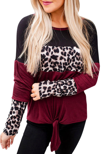 Long Sleeve Leopard Printed Color Block Pullover Blouse