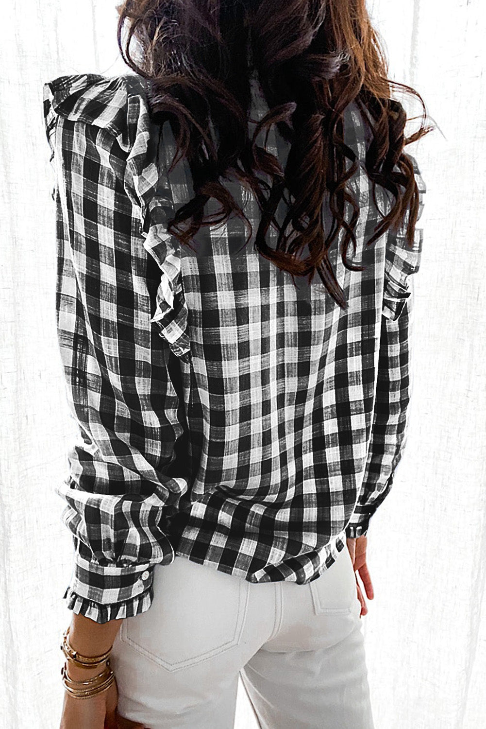 Plaid Print Ruffled Buttoned Shirt