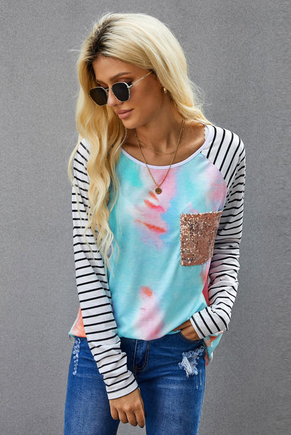 Top de manga a rayas con panel de leopardo negro con bolsillo de lentejuelas