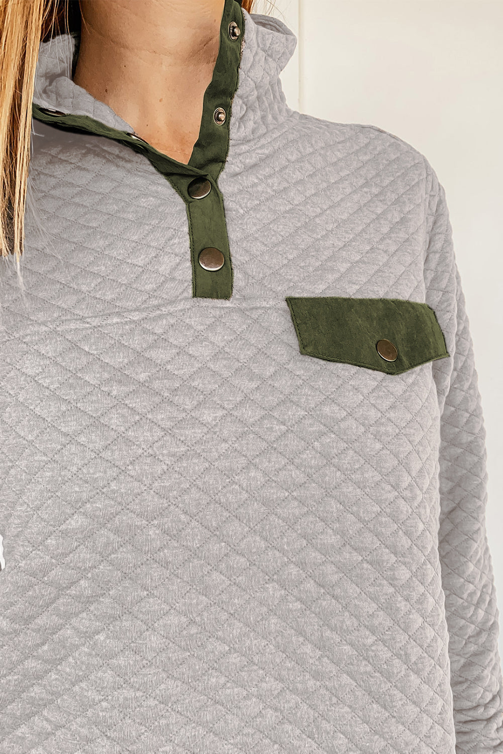 Dark Gray Quilted Snaps Stand Neck Sweatshirt with Fake Front Pocket