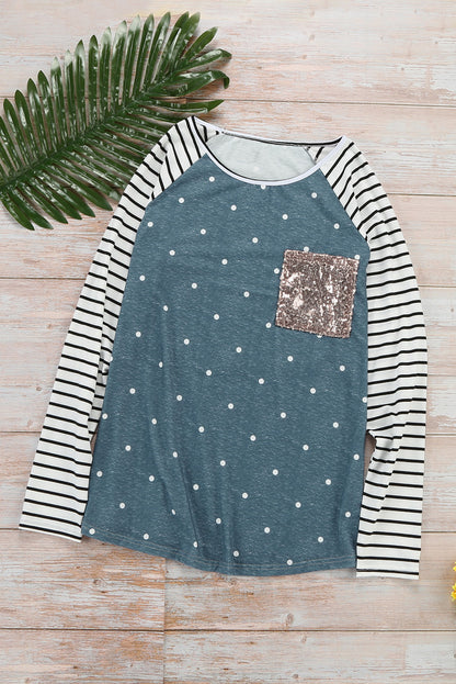 Top de manga a rayas con panel de leopardo negro con bolsillo de lentejuelas