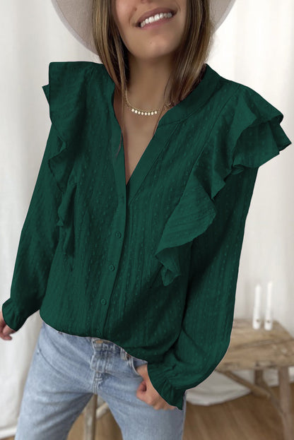 Camisa con mangas de burbujas y volantes transparentes con textura punteada