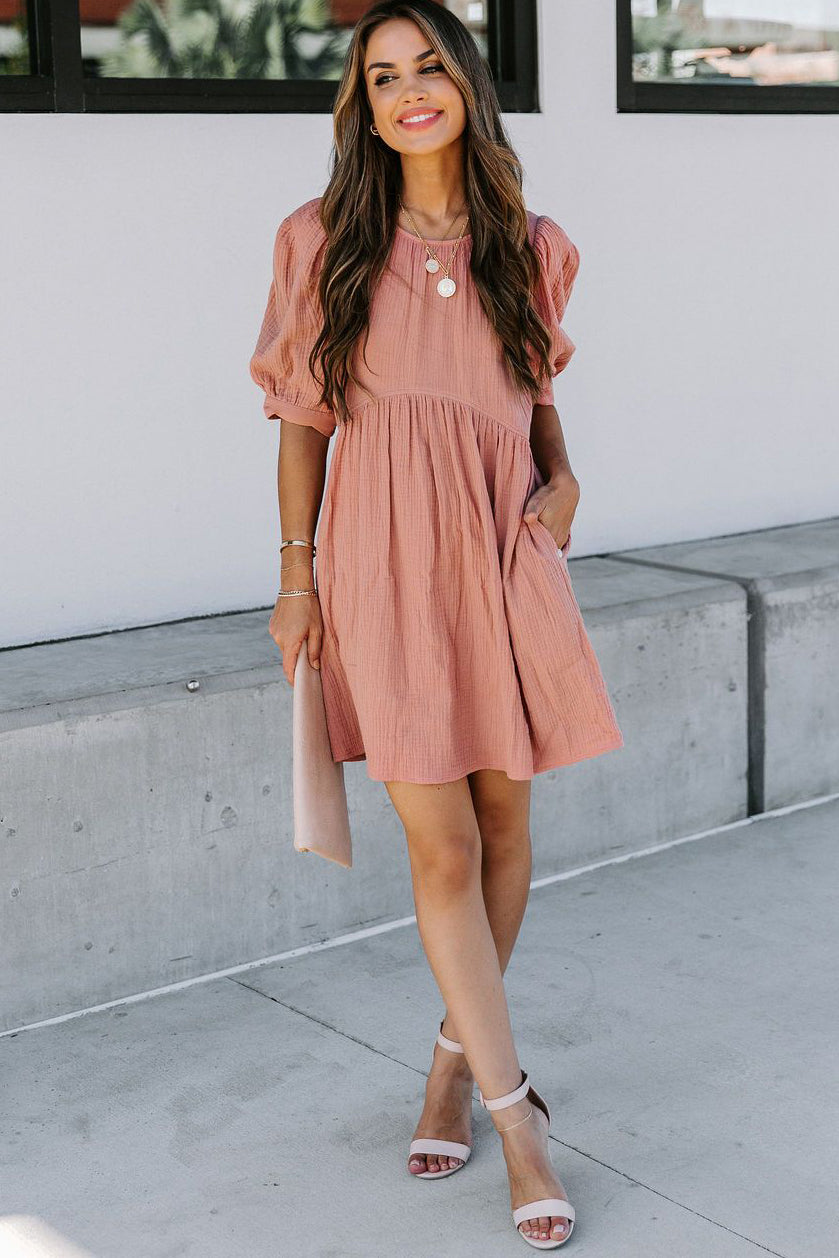 Pocketed Puff Sleeve Empire Waist Swing Short Dress