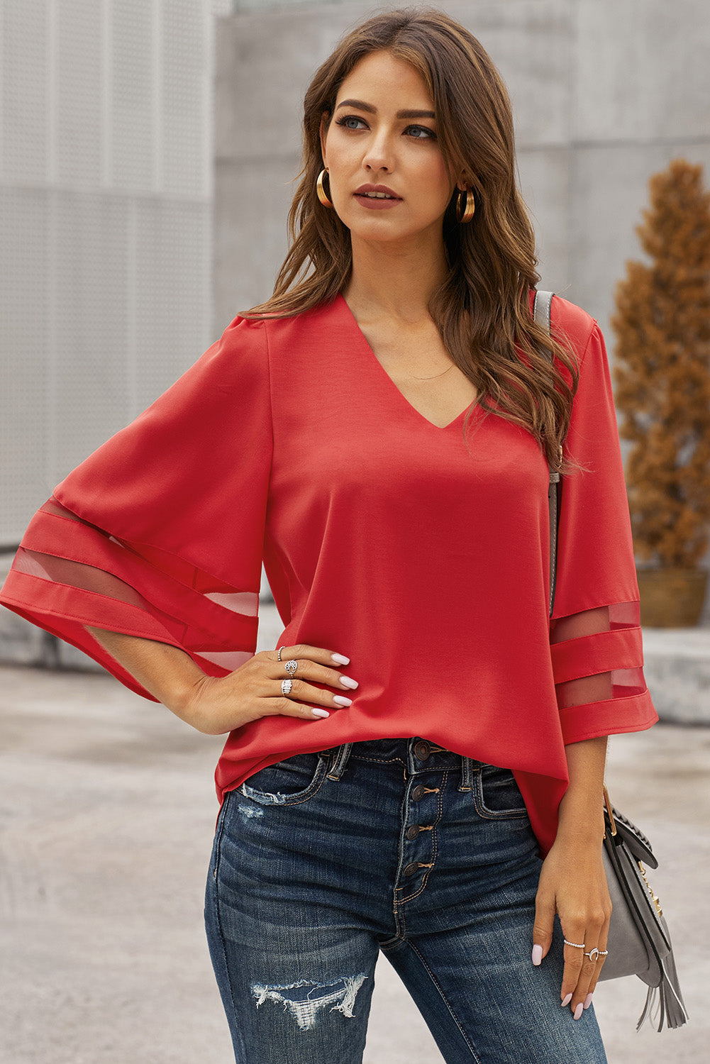 Flare Sleeve V Neck Loose Blouse