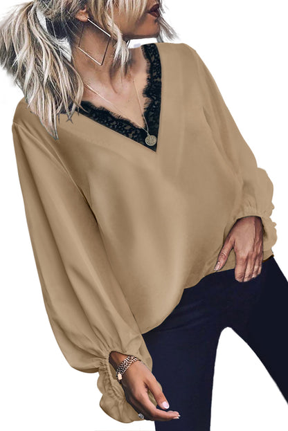 Top de encaje con cuello en V y mangas globo