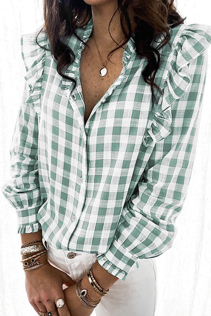 Plaid Print Ruffled Buttoned Shirt