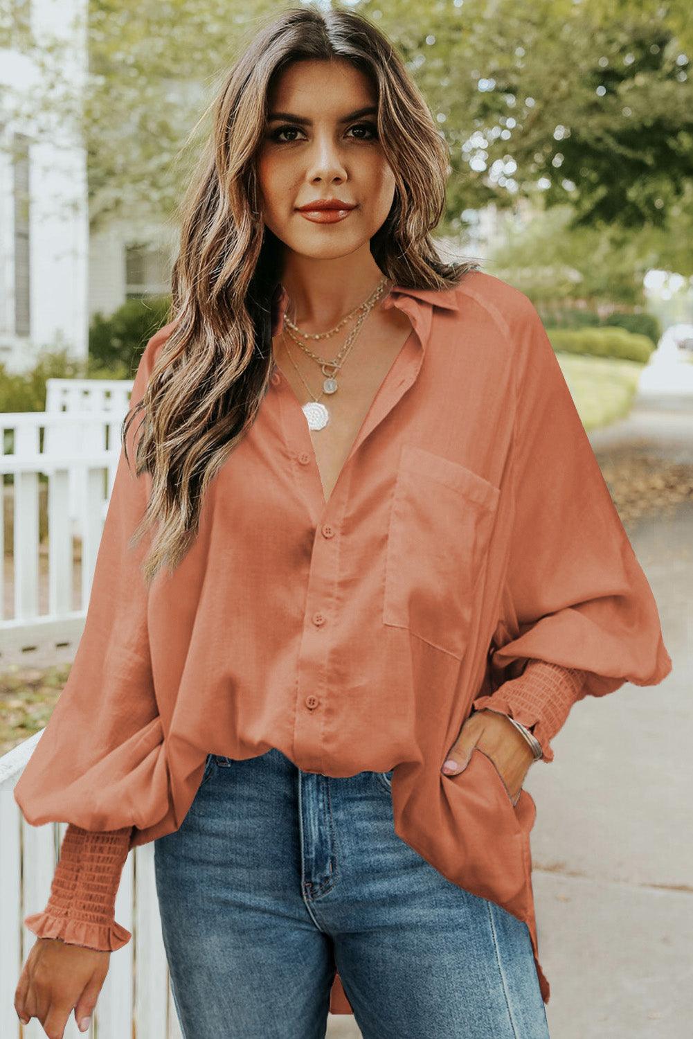 Billowy Sleeves Pocketed Shirt - HannaBanna Clothing