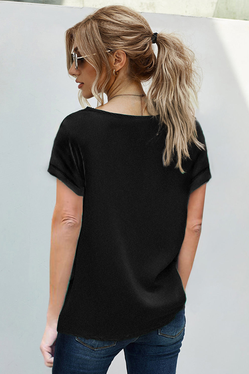 Wine Lace V Neck Short Sleeve T-shirt