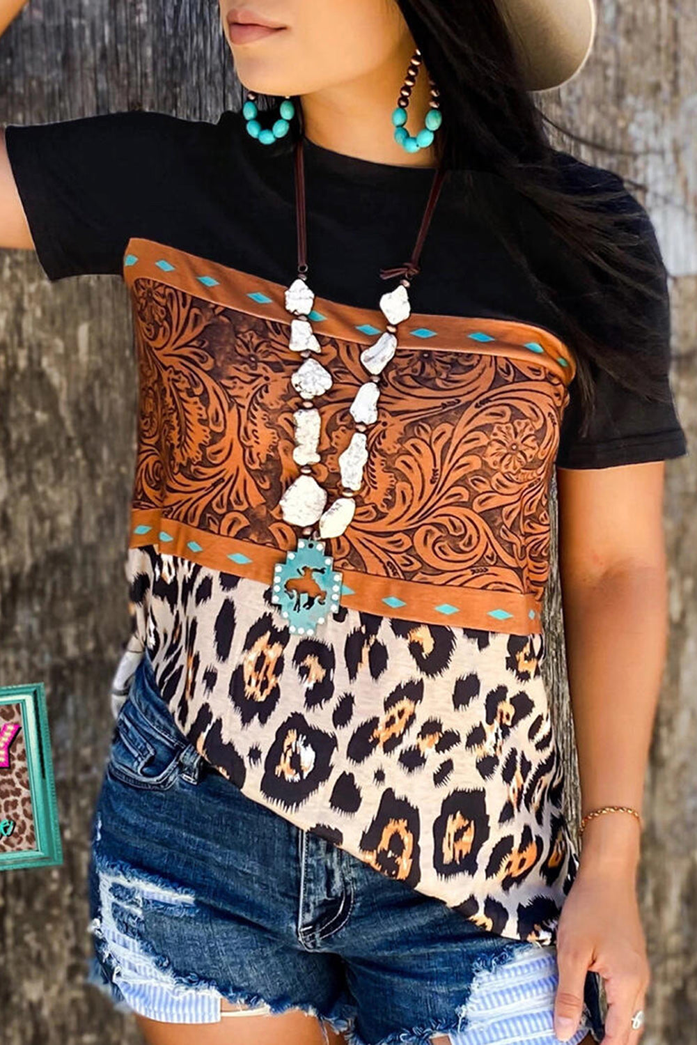 T-shirt à imprimé marbré et à blocs de couleurs 