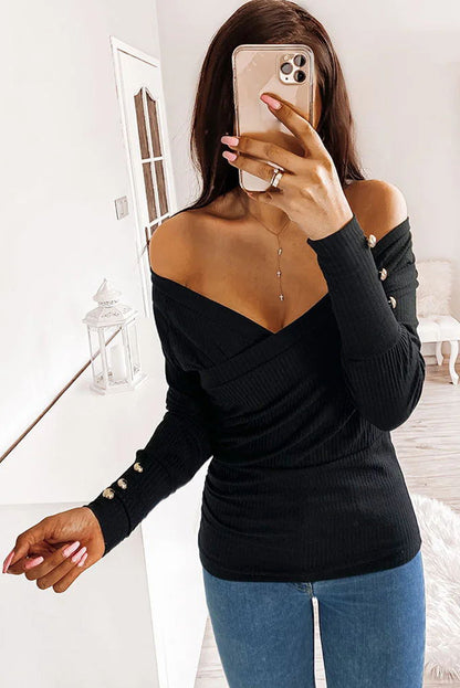 Haut plissé texturé côtelé à col en V et manches longues boutonnées