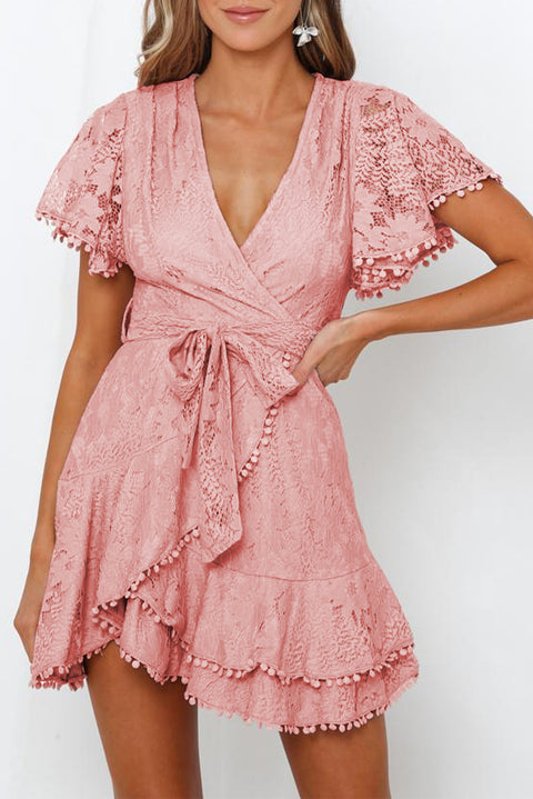 Flutter Sleeve Wrap V Neck Floral Lace Short Dress