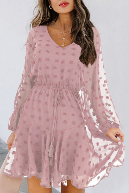 Mini-robe à manches longues et à pois suisses avec lien à la taille 