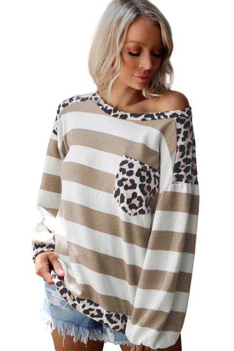 Striped Leopard Bubble Sleeves Top