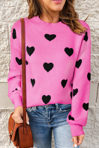 Heart Pattern Ribbed Trim Knit Sweater