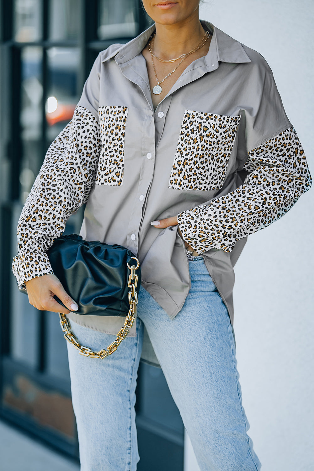 Chemise patchwork à manches longues et épaules tombantes