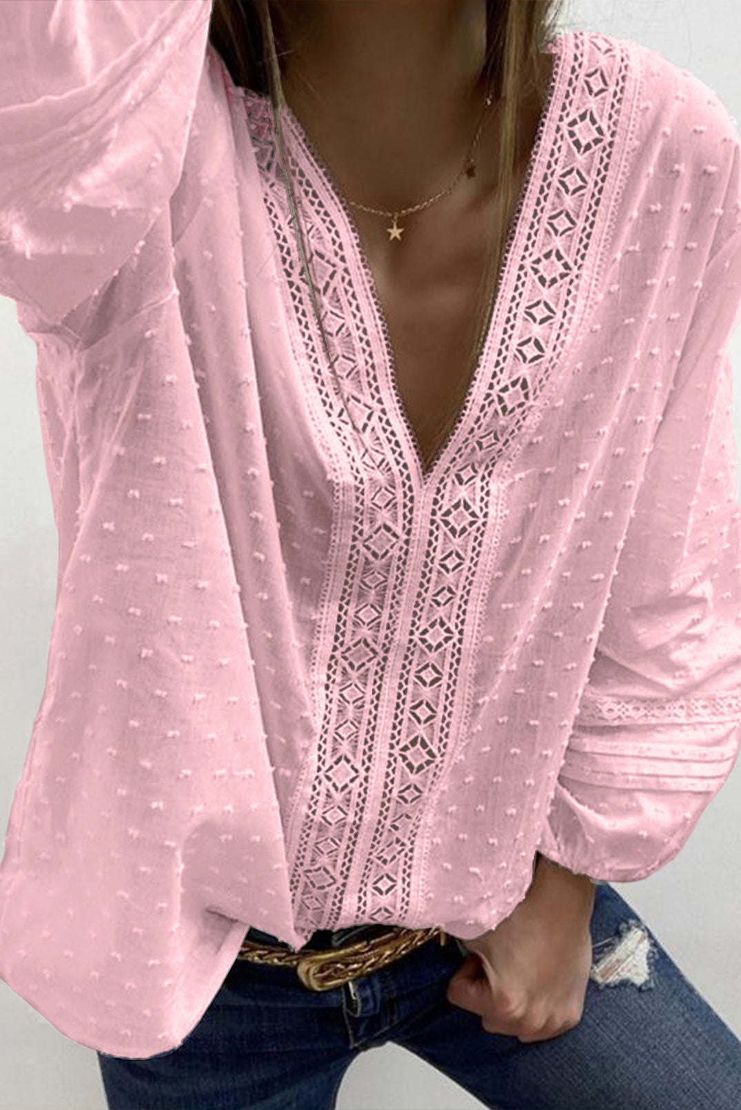 V Neck 3/4 Sleeve Swiss Dot Casual Shirt